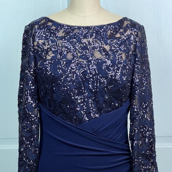 Lauren Ralph Lauren Blue Sequin Cocktail Dress Sheath Long Sleeve Ruched Skirt L - Picture 4 of 16